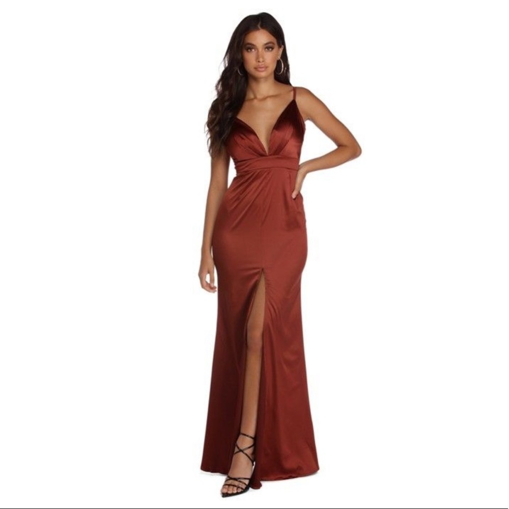 Windsor Kehlani plunging formal satin dress